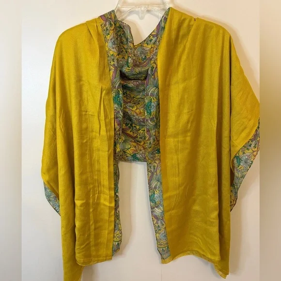 Reversible Silk Scarf from Spain. Floral Yellow  Print. - Picture 2 of 6